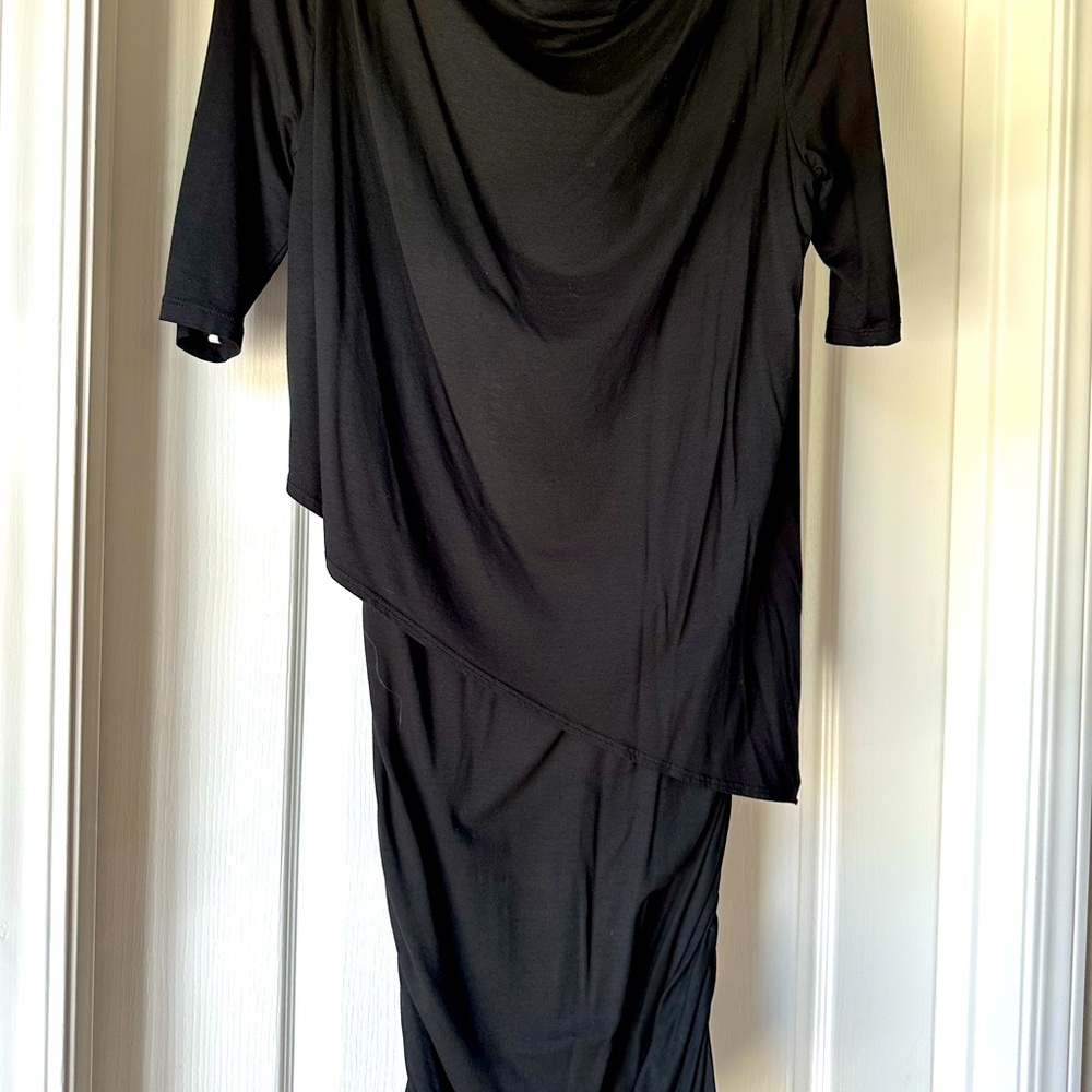 Three Dot Black viscose tee shirt dress with ruching with overlay top size S.